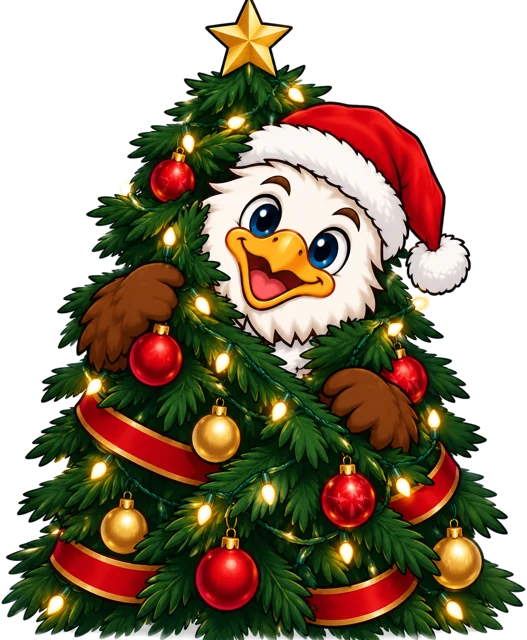 Cartoon eagle in a Santa hat hugging a decorated Christmas tree